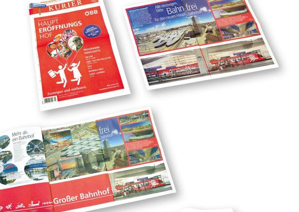 Mehrere Broschüren und Zeitungen werben für die Eröffnung des Wiener Hauptbahnhofs.