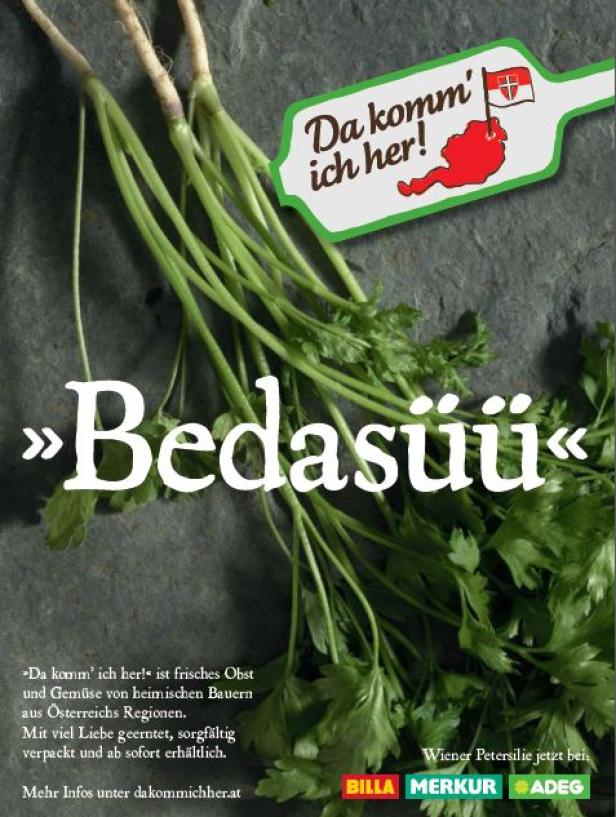 Ein Bund Wiener Petersilie der Marke „Da komm' ich her!“ liegt auf einer dunklen Oberfläche.
