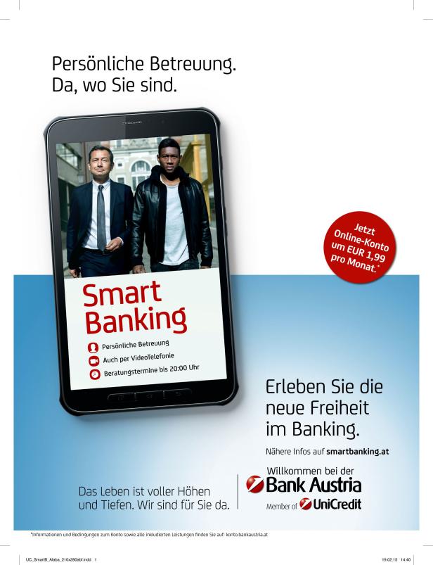 Ein Smartphone zeigt zwei Männer, die für „Smart Banking“ der Bank Austria werben.