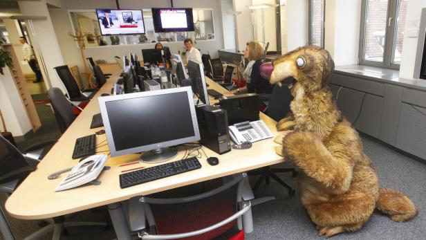 Ein Mitarbeiter im Eichhörnchenkostüm sitzt in einem Büro am Schreibtisch.