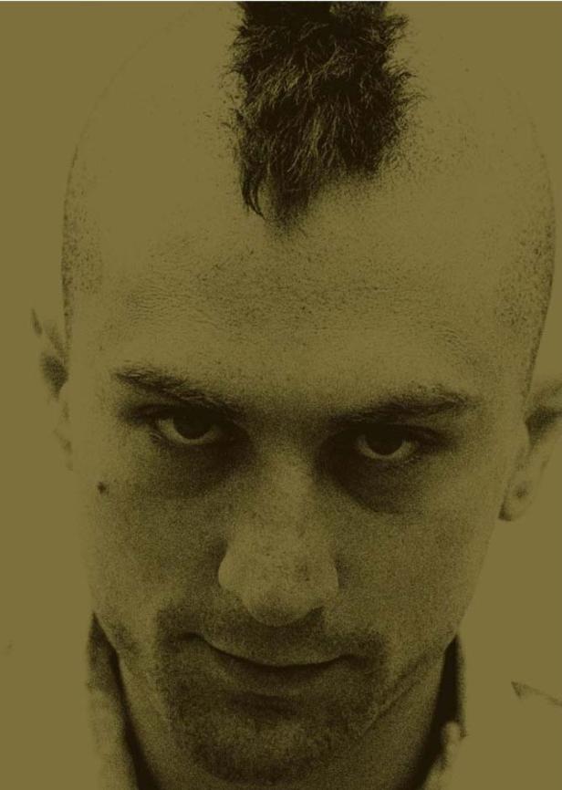 Porträt von Robert De Niro mit Irokesenschnitt in seiner Rolle als Travis Bickle in „Taxi Driver“.
