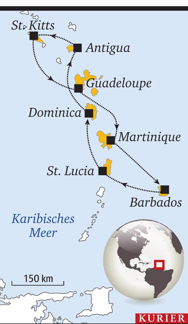 Eine Karte der Karibik mit Reiseroute zwischen mehreren Inseln.