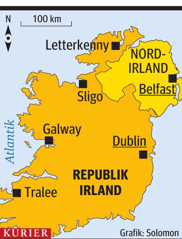 Eine Karte der Insel Irland, die die Republik Irland und Nordirland zeigt.