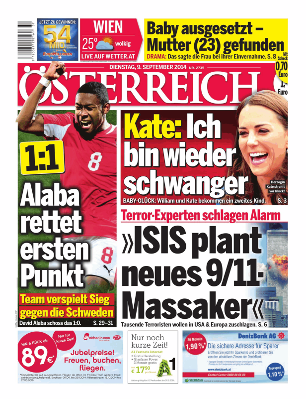 Titelseite der Zeitung „Österreich“ vom 9. September 2014 mit David Alaba und Herzogin Kate.