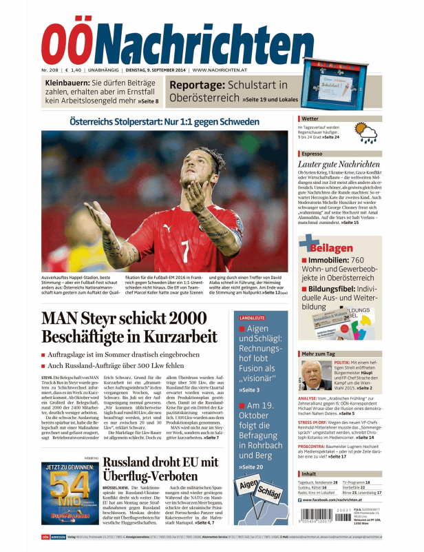 Titelseite der Oberösterreichischen Nachrichten vom 9. September 2014.