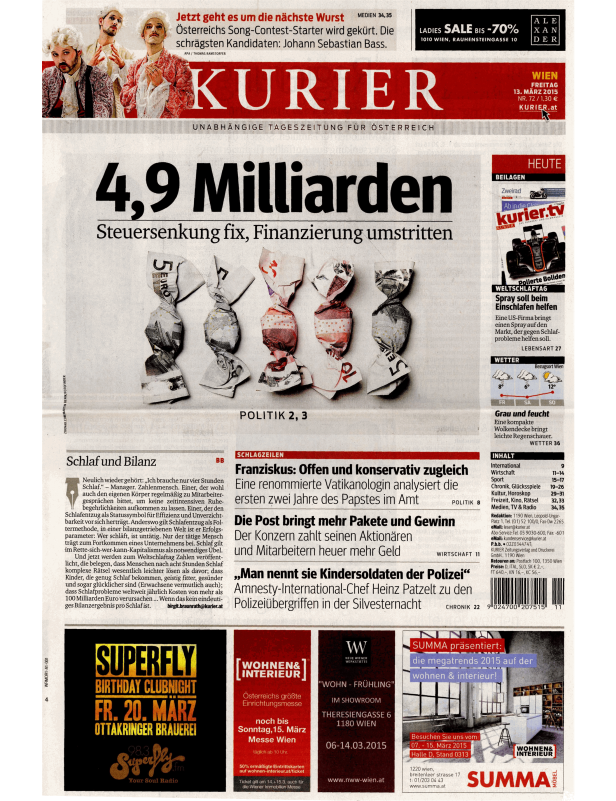 Titelseite des Kurier vom 13. März 2015 mit der Schlagzeile „4,9 Milliarden Steuersenkung fix, Finanzierung umstritten“.