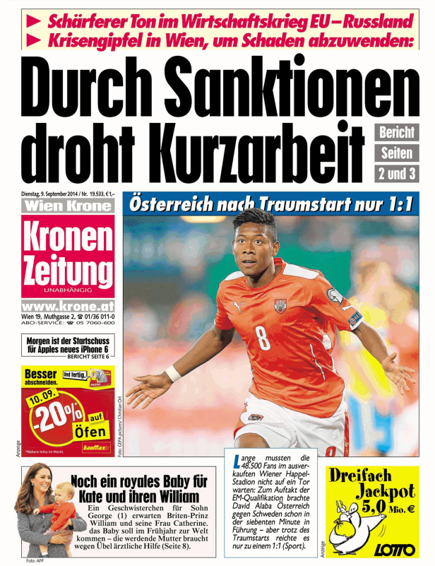 David Alaba im Trikot der österreichischen Nationalmannschaft auf einer Titelseite der Kronen Zeitung.