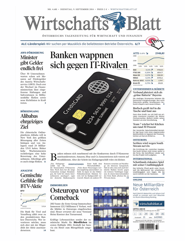 Eine stilisierte Kreditkarte auf einer Ausgabe des „Wirtschaftsblatt“.