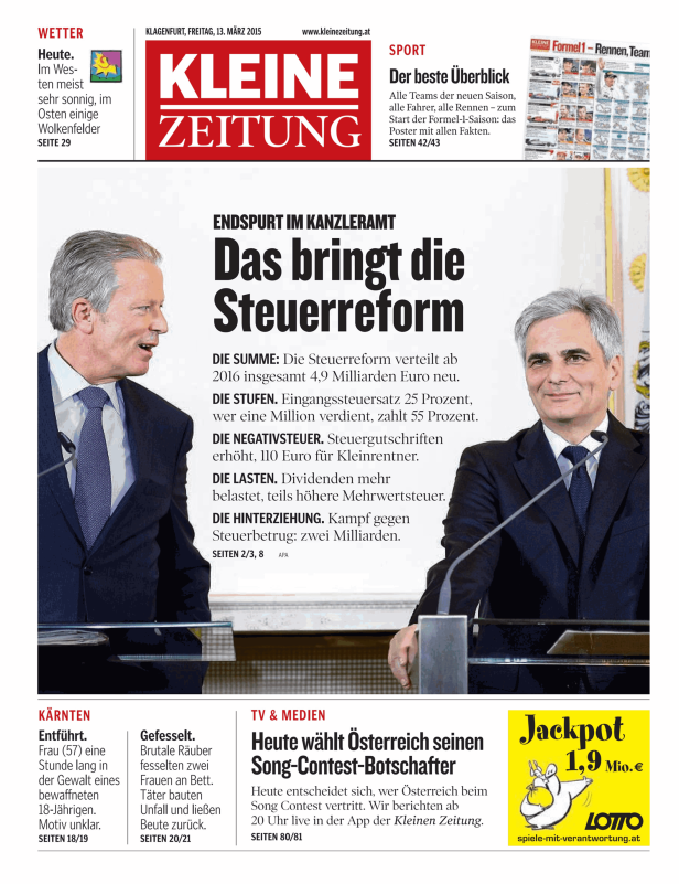 Titelseite der Kleinen Zeitung vom 13. März 2015 mit Artikeln über Steuerreform und den Song-Contest.