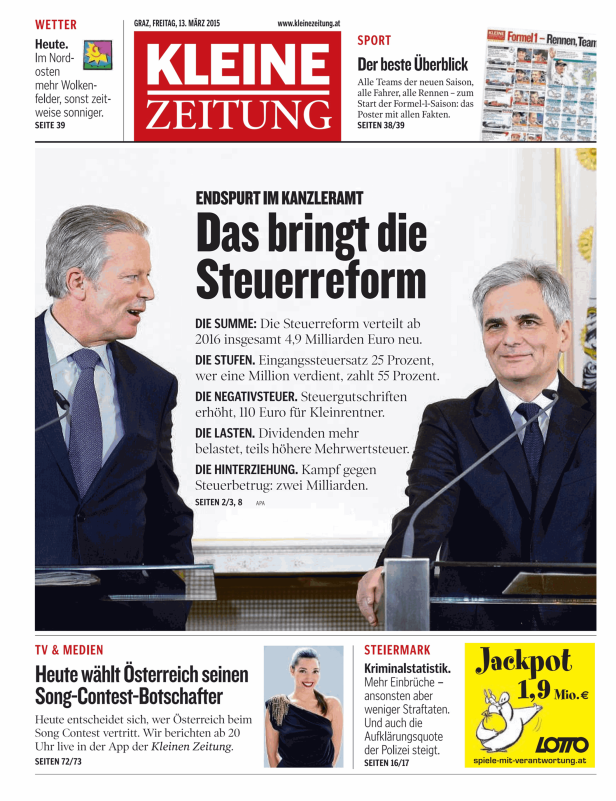 Titelseite der Kleinen Zeitung vom 13. März 2015 mit dem Titel „Das bringt die Steuerreform“.