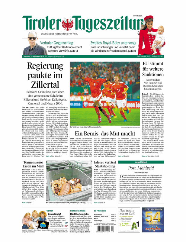 Titelseite der Tiroler Tageszeitung vom 9. September 2014 mit Nachrichten zu Politik, Sport und Wirtschaft.