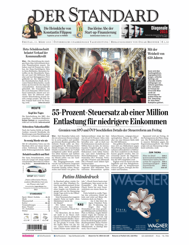 Titelseite der Zeitung Der Standard vom 13. März 2015.