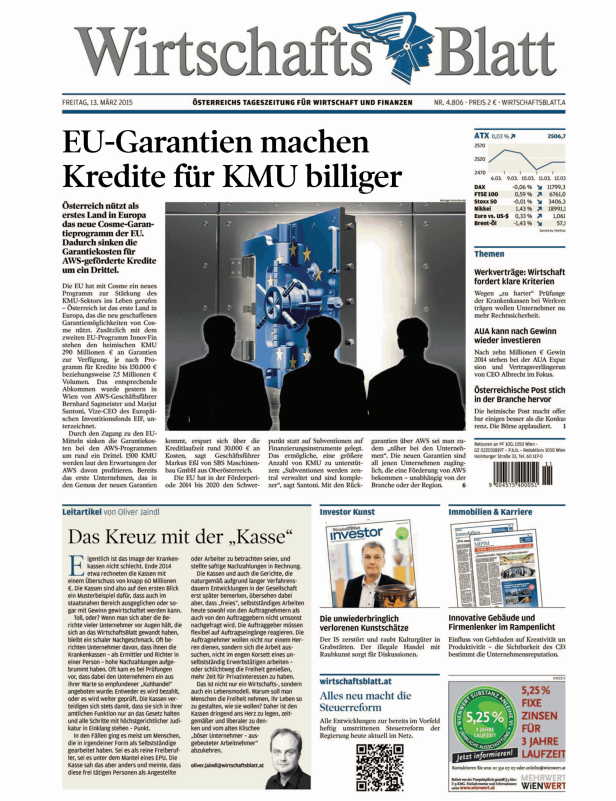 Titelseite des Wirtschaftsblatt vom 13. März 2015 mit dem Titel „EU-Garantien machen Kredite für KMU billiger“.