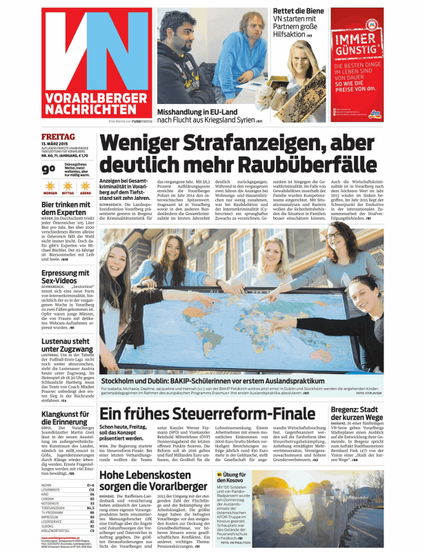 Titelseite der Vorarlberger Nachrichten vom 13. März 2015.