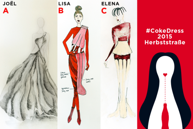 Drei Modeskizzen für #CokeDress 2015 von Joël, Lisa und Elena.