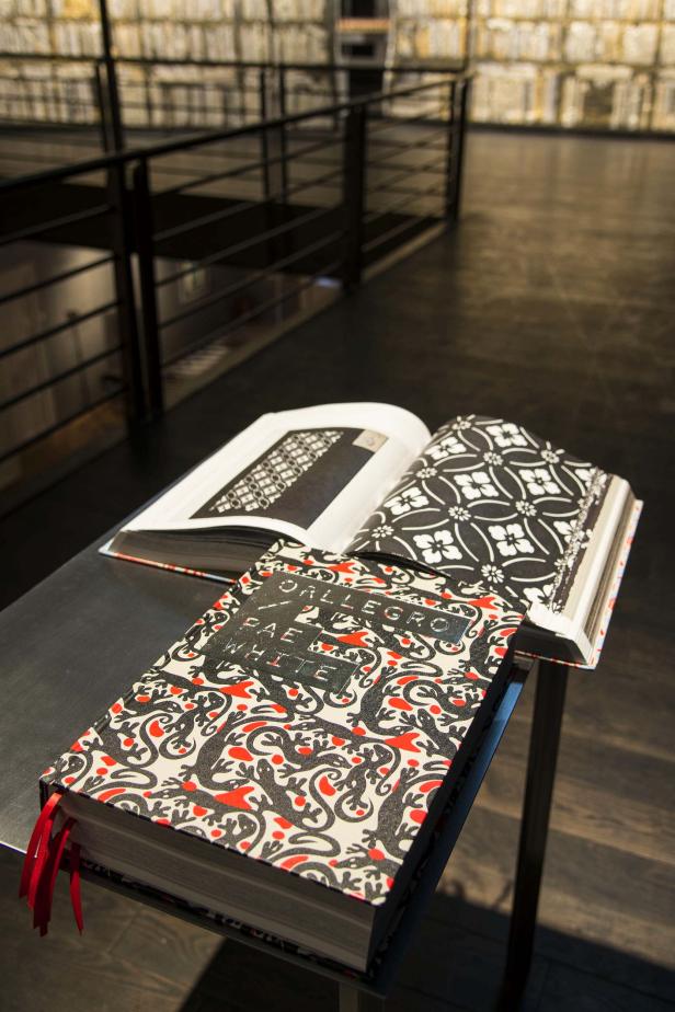 Ein aufgeschlagenes Buch von Pae White mit dem Titel „Orllegro“ liegt auf einem Tisch.