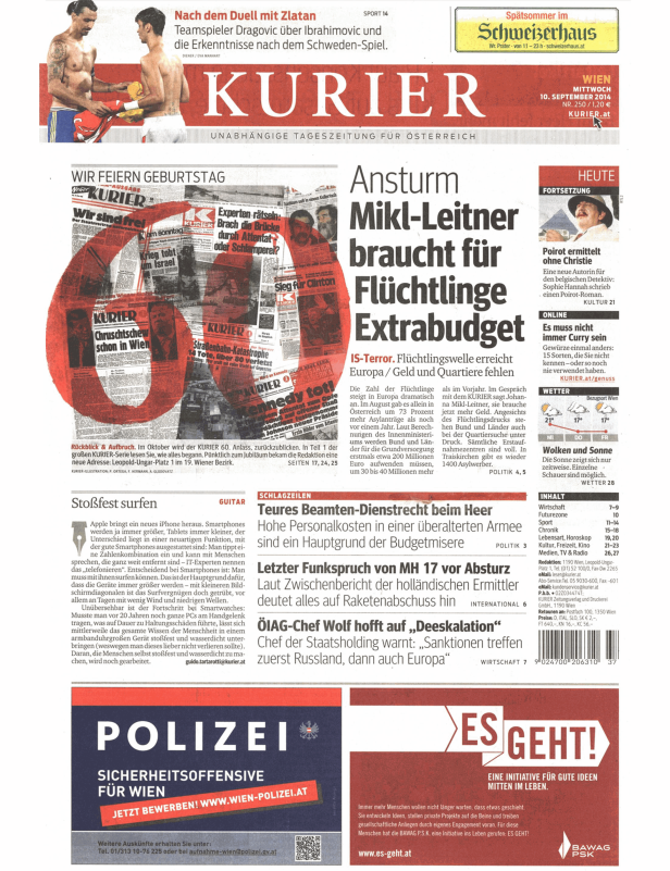 Titelseite der österreichischen Tageszeitung „Kurier“ vom 10. September 2014.