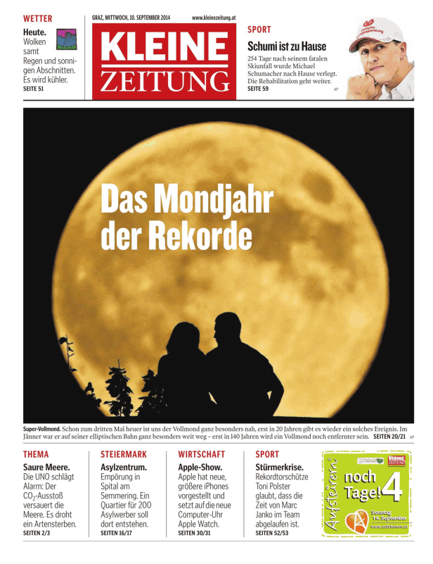 Titelseite der Kleinen Zeitung vom 10. September 2014 mit dem Titelthema „Das Mondjahr der Rekorde“.