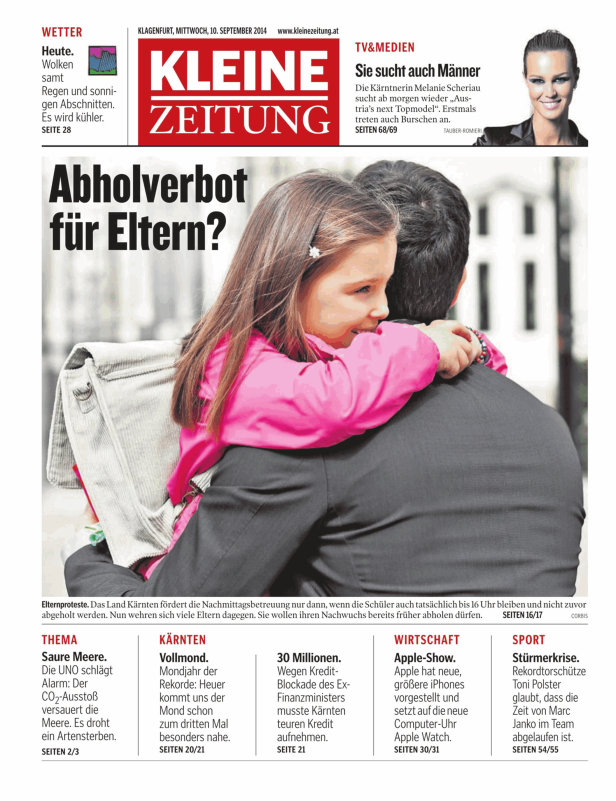 Ein Mädchen umarmt einen Mann; Titelseite der Kleinen Zeitung zum Thema „Abholverbot für Eltern“.