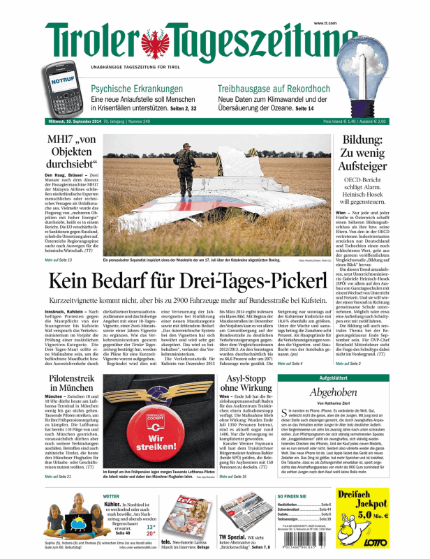 Titelseite der Tiroler Tageszeitung mit Artikeln über MH17, Verkehr, Bildung und Pilotenstreiks.