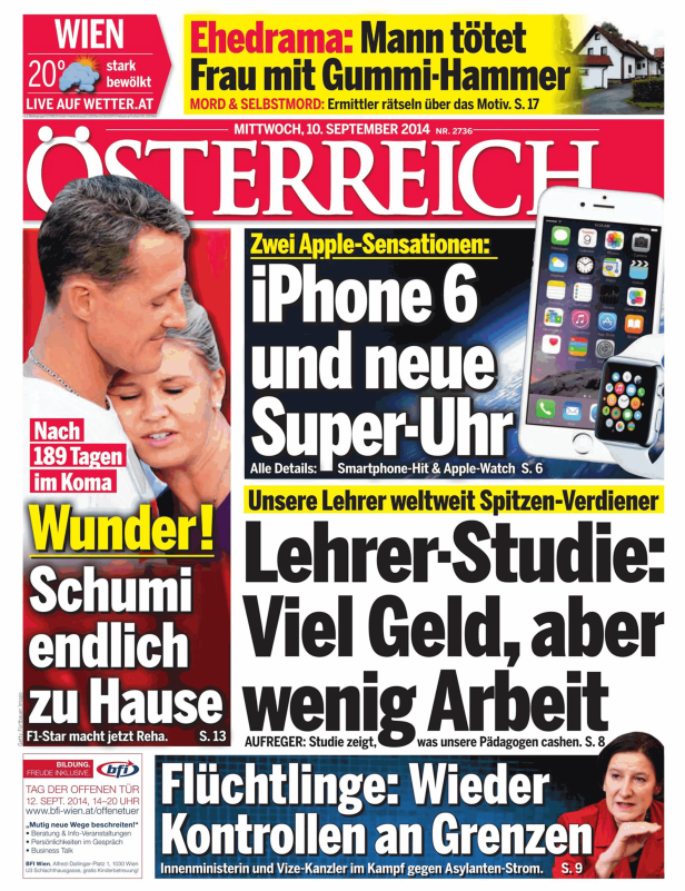 Titelseite der Zeitung „Österreich“ vom 10. September 2014 mit Schlagzeilen zu Schumacher, iPhone 6 und Flüchtlingskontrollen.