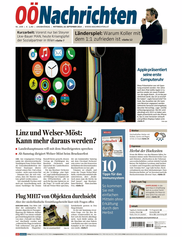 Eine Titelseite der „OÖNachrichten“ vom 10. September 2014 mit einer Meldung über die Apple Watch.