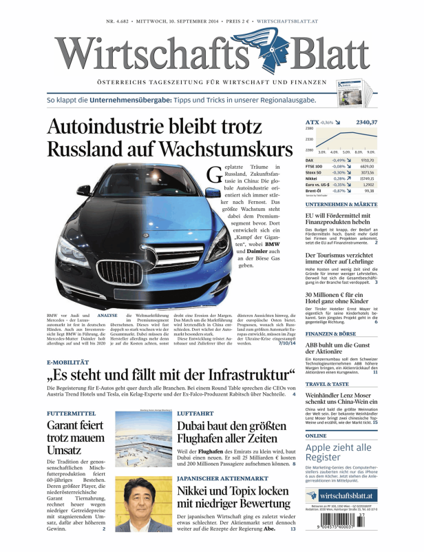 Titelseite des WirtschaftsBlatt vom 10. September 2014 mit dem Titel „Autoindustrie bleibt trotz Russland auf Wachstumskurs“.