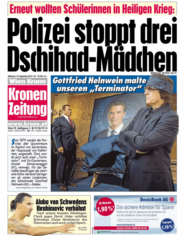 Titelseite der Kronen Zeitung mit der Schlagzeile: „Polizei stoppt drei Dschihad-Mädchen“. Daneben: Arnold Schwarzenegger und Gottfried Helnwein.
