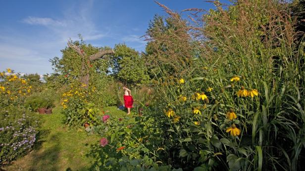 Ein Mann mit einem roten Tuch steht in einem üppigen Garten.