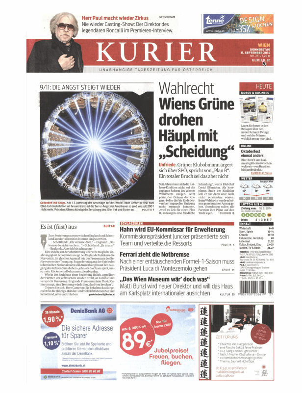 Titelseite des Kurier vom 11. September 2014.