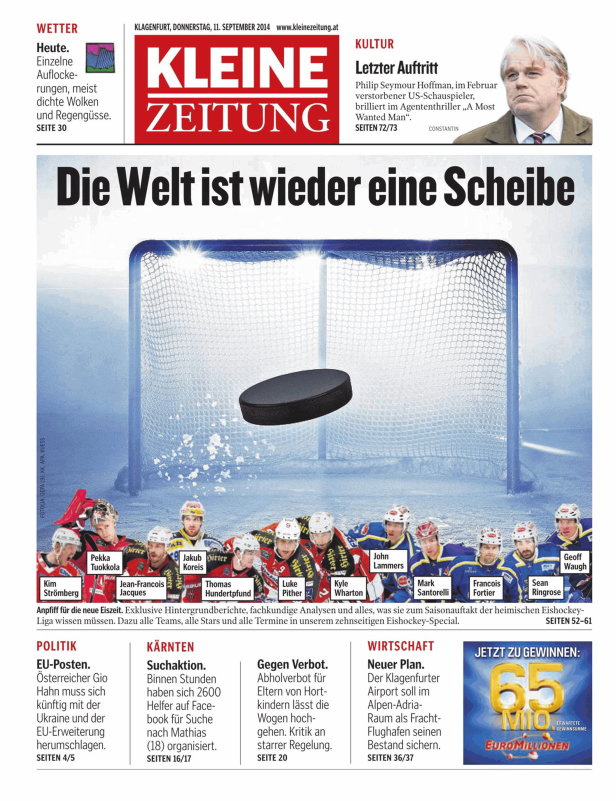 Titelseite der Kleinen Zeitung mit dem Titel „Die Welt ist wieder eine Scheibe“ und einem Eishockey-Motiv.