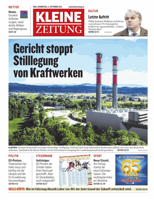 Titelseite der Kleinen Zeitung vom 11. September 2014 mit dem Titel: Gericht stoppt Stilllegung von Kraftwerken.