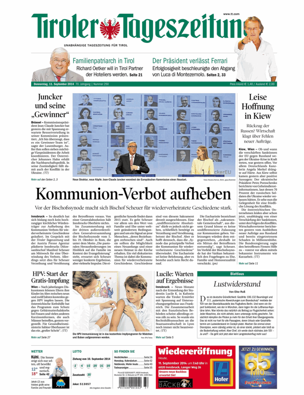 Titelseite der Tiroler Tageszeitung vom 11. September 2014.