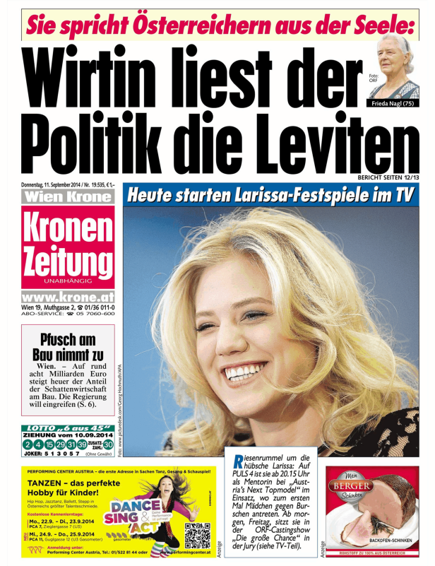 Titelseite der Kronen Zeitung mit einem Foto von Larissa Marolt.