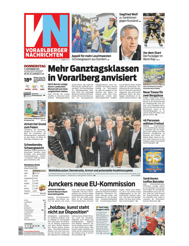 Titelseite der Vorarlberger Nachrichten vom 11. September 2014.