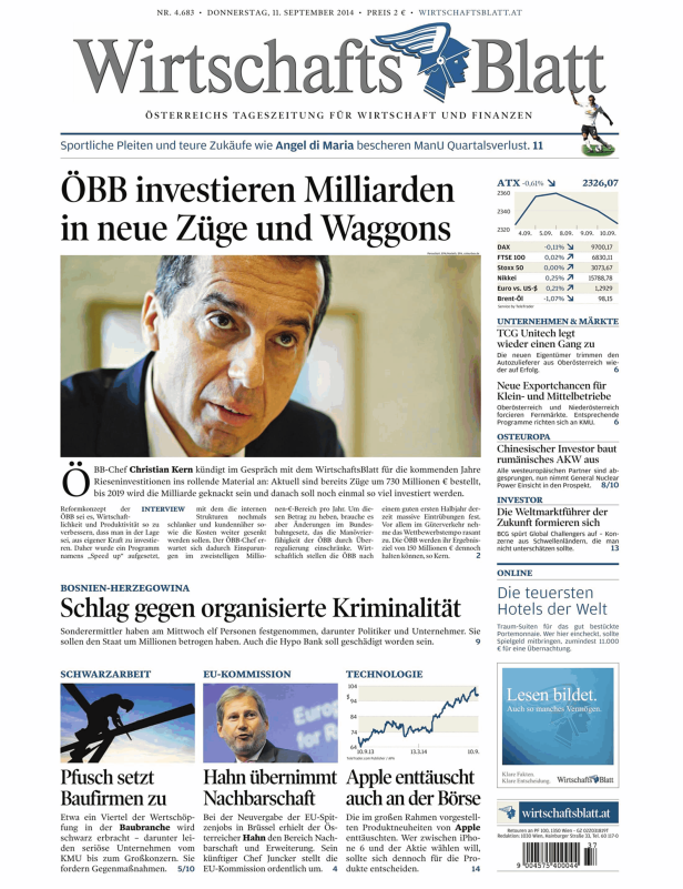 Titelseite des WirtschaftsBlatt vom 11. September 2014.