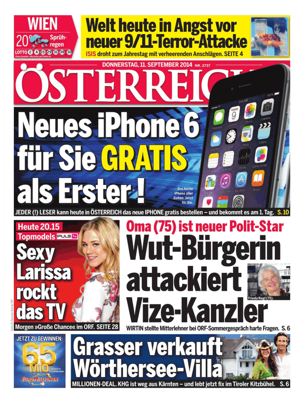 Titelseite der Zeitung „Österreich“ vom 11. September 2014 mit Meldungen zu Terrorangst, iPhone 6 und Larissa Marolt.