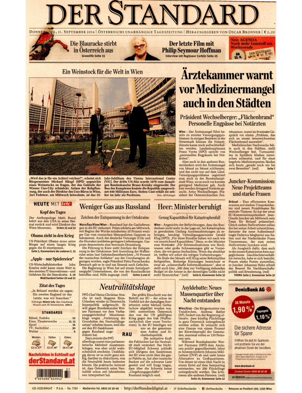 Titelseite der Zeitung Der Standard vom 11. September 2014.