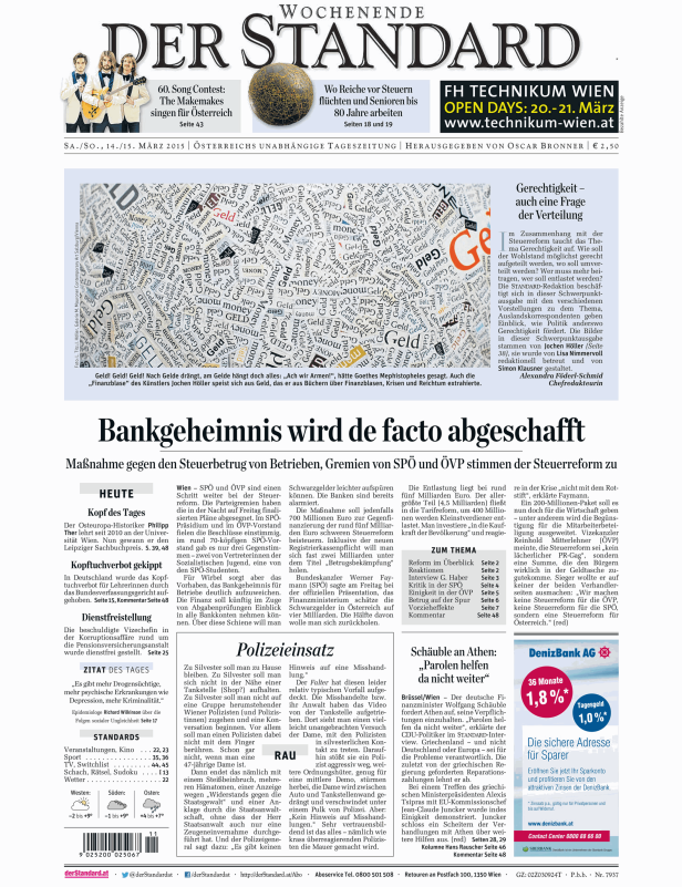 Titelseite der Zeitung „Der Standard“ vom 14./15. März 2015.