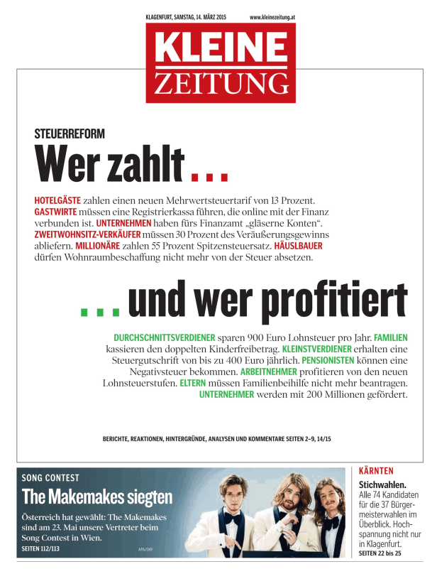 Titelseite der Kleinen Zeitung vom 14. März 2015 mit Artikeln über Steuerreform und den Sieg der Makemakes beim Song Contest.