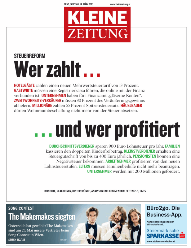 Titelseite der Kleinen Zeitung vom 14. März 2015 mit Artikeln zur Steuerreform und dem Song Contest.