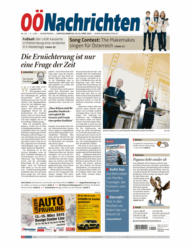 Titelseite der OÖNachrichten vom 14./15. März 2015.