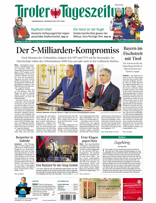Titelseite der Tiroler Tageszeitung vom 14. März 2015 mit den Themen Politik, Sport und Kultur.