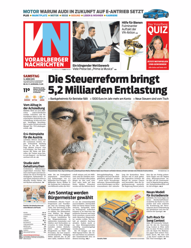 Titelseite der Vorarlberger Nachrichten vom 14. März 2015 mit Artikeln zu Steuerreform und Gemeindewahlen.