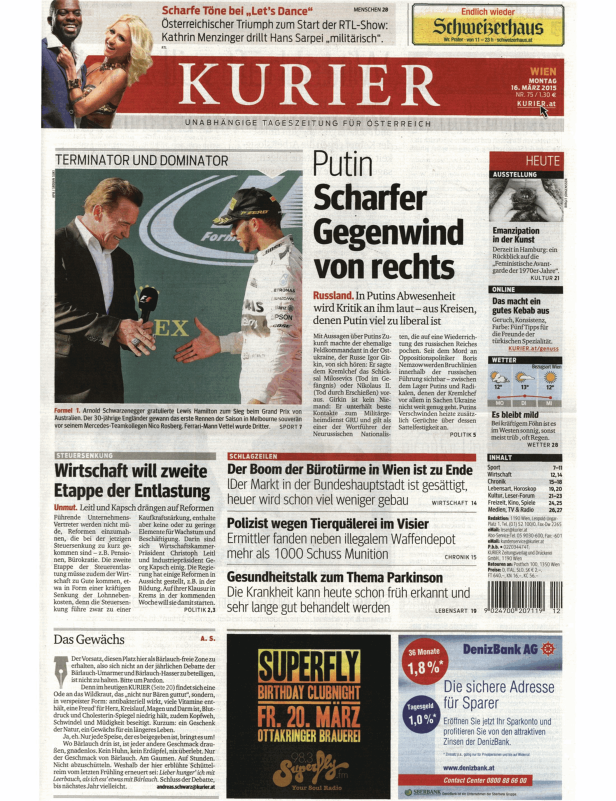 Titelseite des Kurier vom 16. März 2015 mit Schlagzeilen zu Politik, Wirtschaft und Kultur.