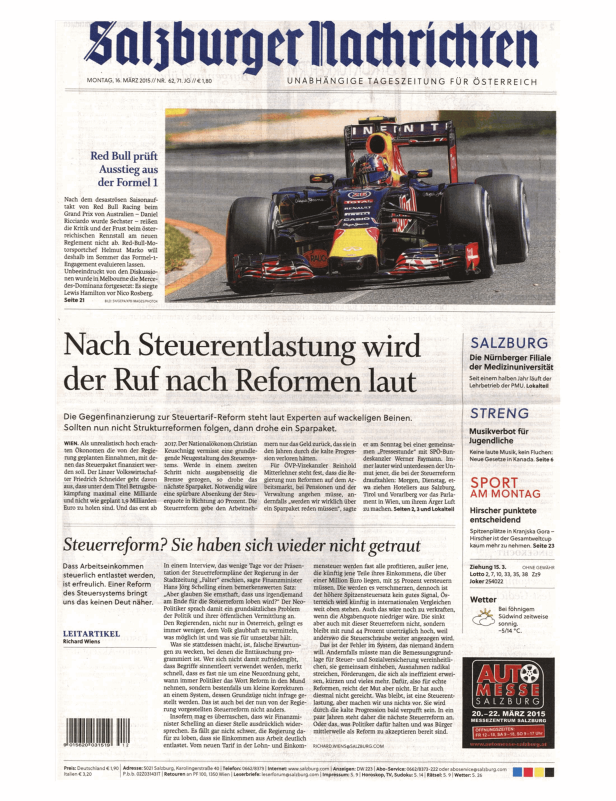 Titelseite der „Salzburger Nachrichten“ vom 16. März 2015 mit einem Artikel über Formel 1.