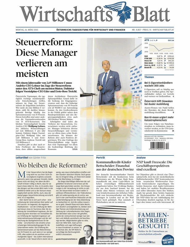 Titelseite des Wirtschaftsblatt vom 16. März 2015 zum Thema Steuerreform.
