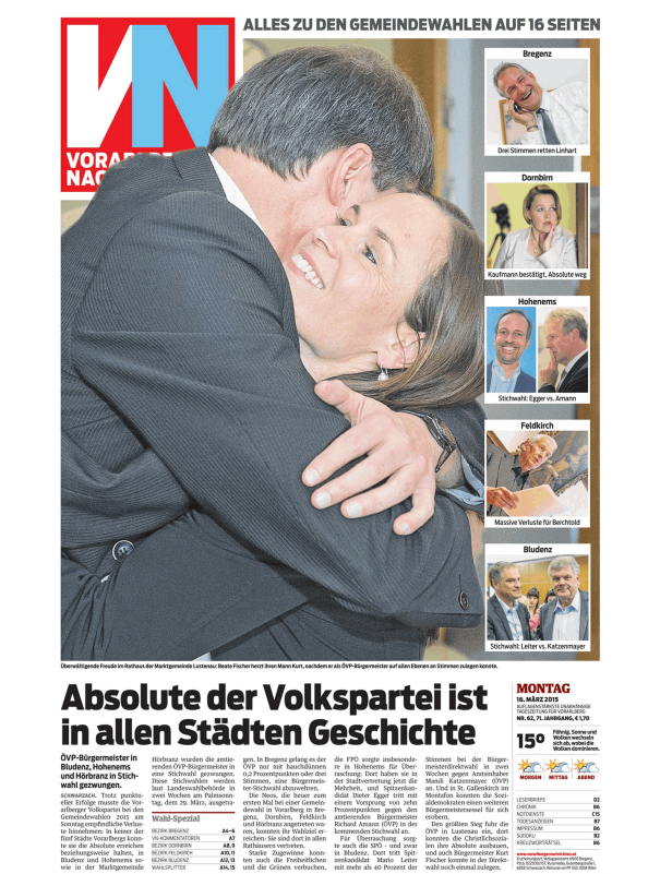 Beate Fischer umarmt ihren Mann Kurt, nachdem er als ÖVP-Bürgermeister Stimmenzuwachs erhielt.