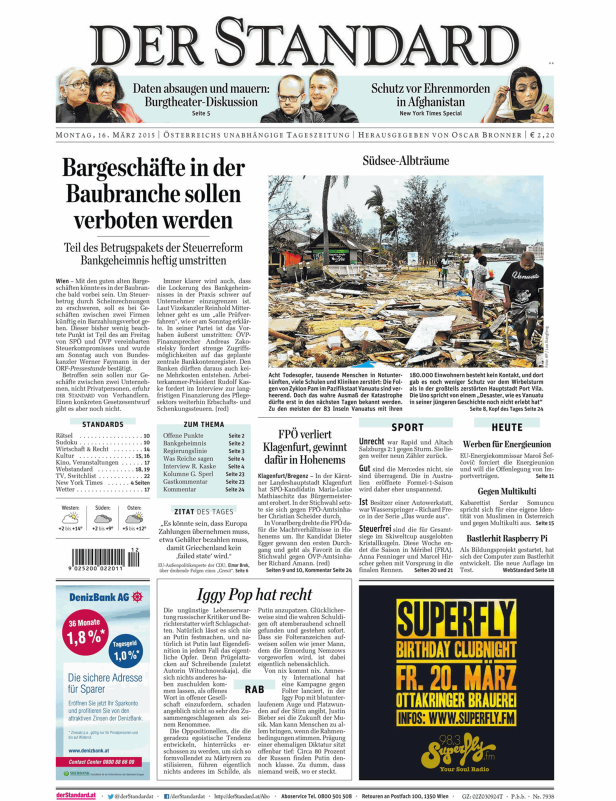 Titelseite der Zeitung Der Standard vom 16. März 2015.