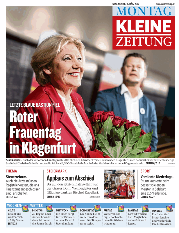 Titelseite der Kleinen Zeitung vom 16. März 2015 mit einem Artikel über den „Roten Frauentag in Klagenfurt“.